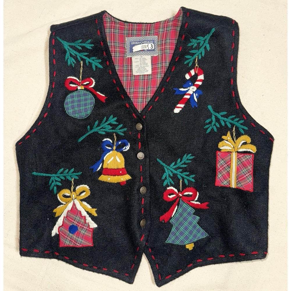Vintage Christmas Erika Classics Women's M Embroidered Wool Vest Tree Ornaments